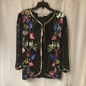 Vintage Sweelo‎ Black and colorful floral sequin jacket. Size small